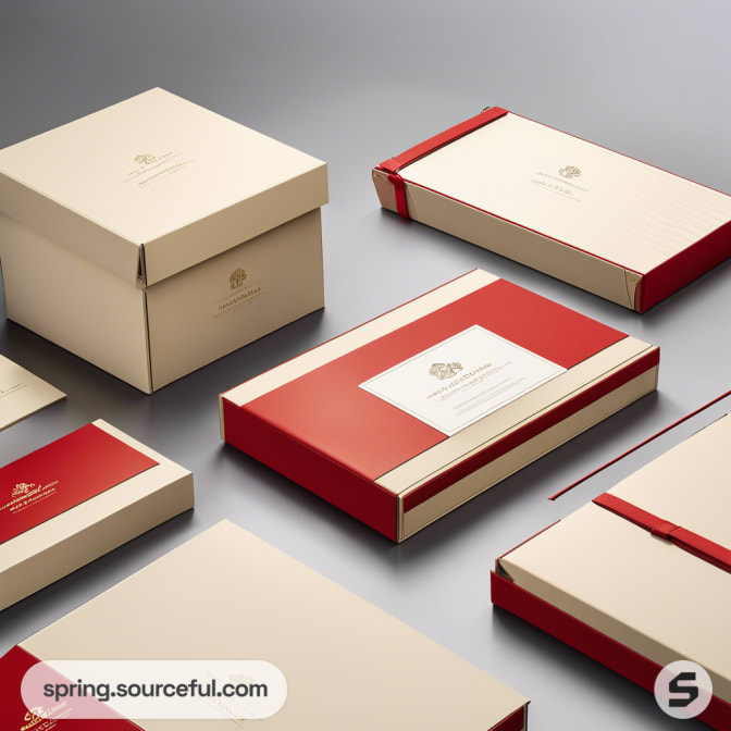 Assorted luxury gift boxes in cream and red with elegant designs.