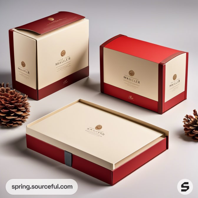 Set of three red and cream gift boxes with pinecones.