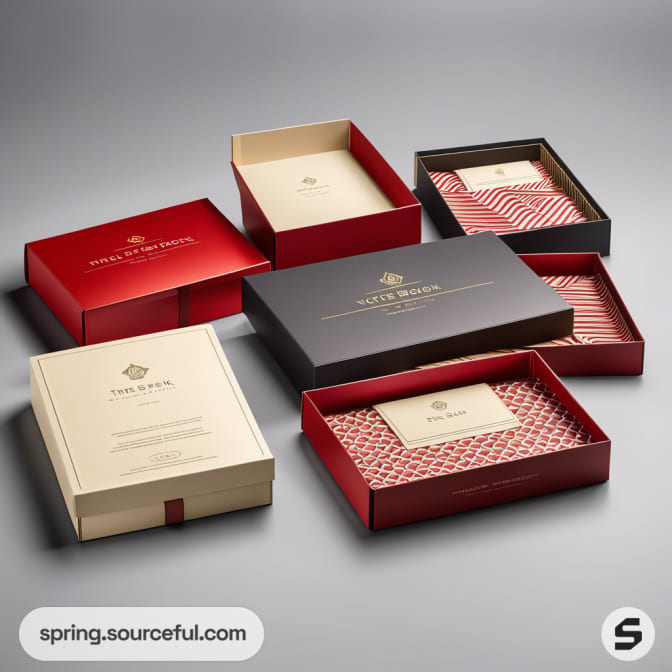 Open boxes showing interior patterns in red, black, and cream.