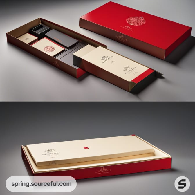 Slim rectangular boxes with red and cream contrasting designs.