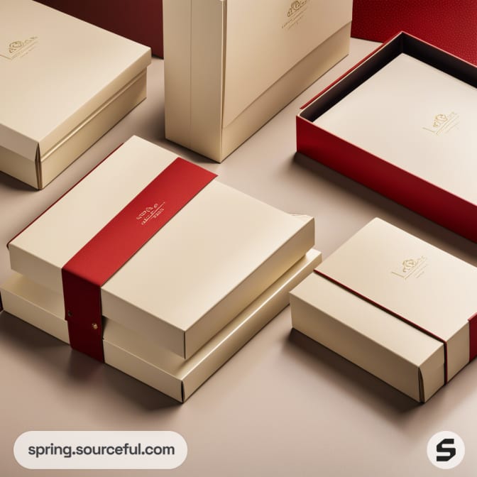 Close-up of nested cream and red gift boxes with ribbons.