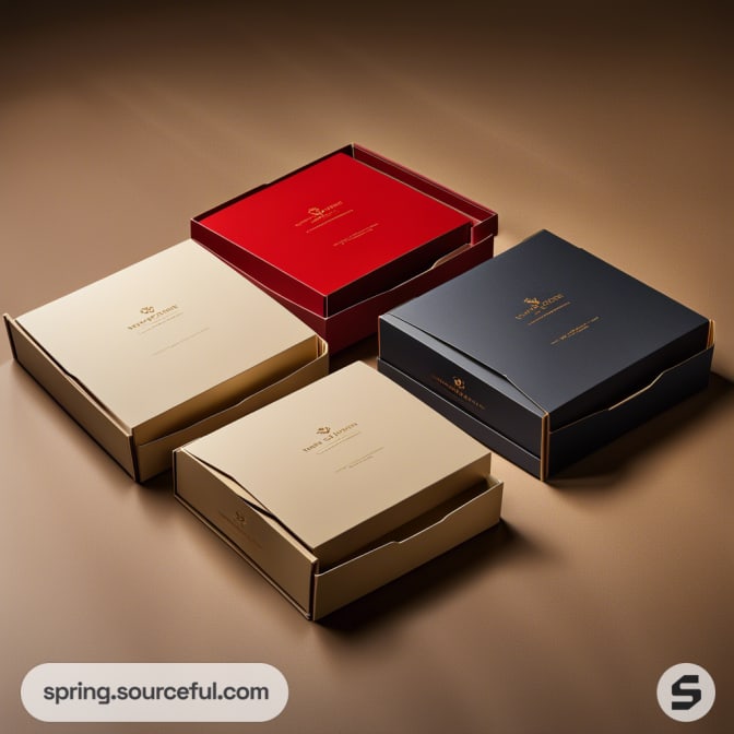 Selection of luxury boxes in red, cream, and navy blue hues.