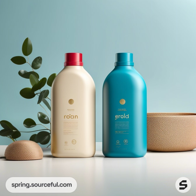 Two plastic bottles, one cream with a red cap and one teal with a teal cap, on a white surface with plants and a wicker basket.