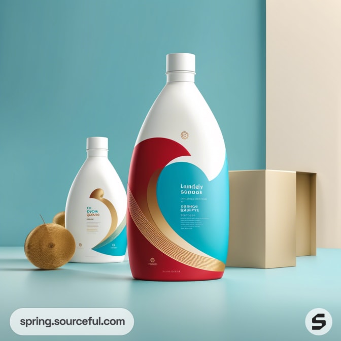 Plastic bottles with teal and red wave designs against a minimalist background.