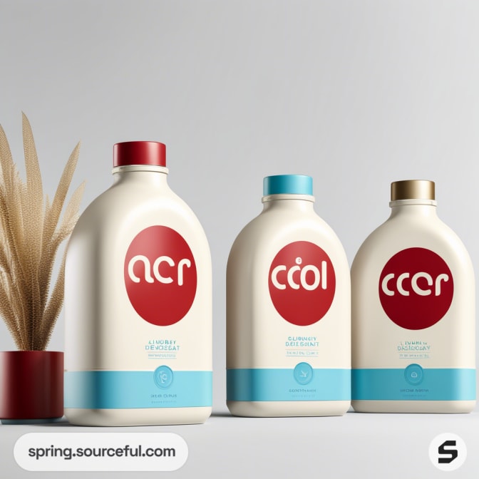 Three cream-colored bottles with red and blue accents, featuring different product labels, next to decorative grasses.