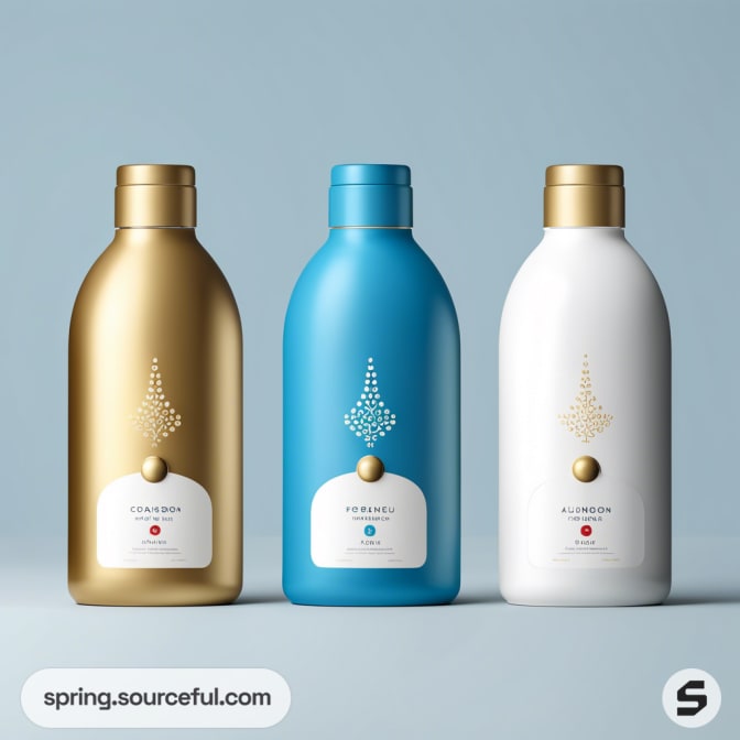 Three elegant bottles: gold, blue, and white with subtle designs, against a light grey backdrop.