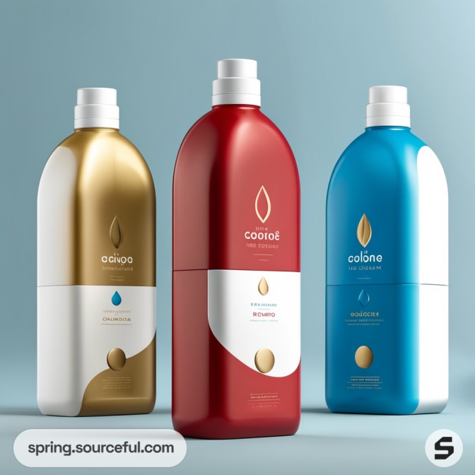 Three large bottles with white caps in gold, red, and blue, each featuring a water droplet design and a label.
