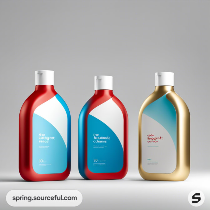 Three colorful detergent bottles; two red and one gold, with blue and white labels, on a neutral background.