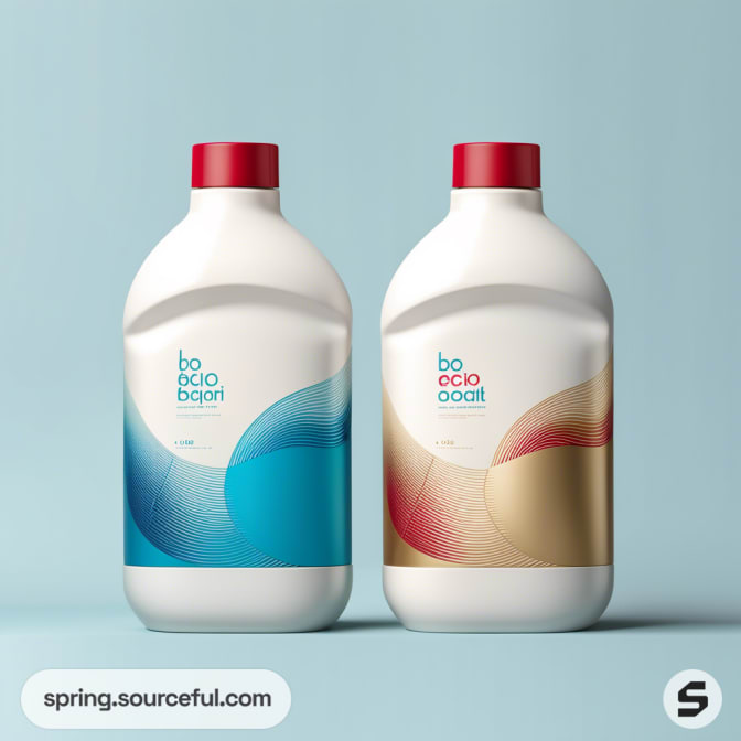 Two white plastic bottles with blue and red wave designs on a light blue background.