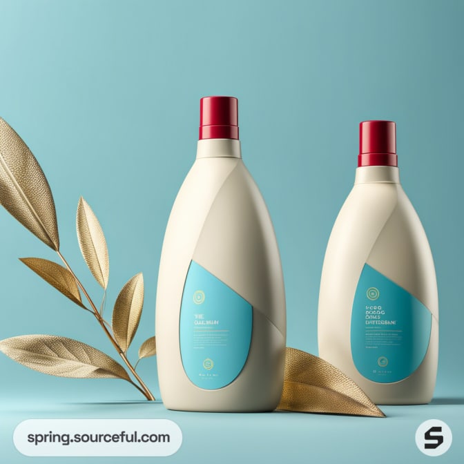 Two beige bottles with red caps and blue labels, next to golden leaves on a teal background.