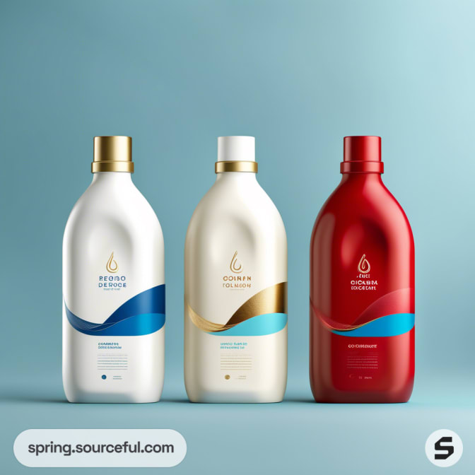 Three lotion bottles, two white with gold and blue accents, one red with gold accents, on a light blue background.