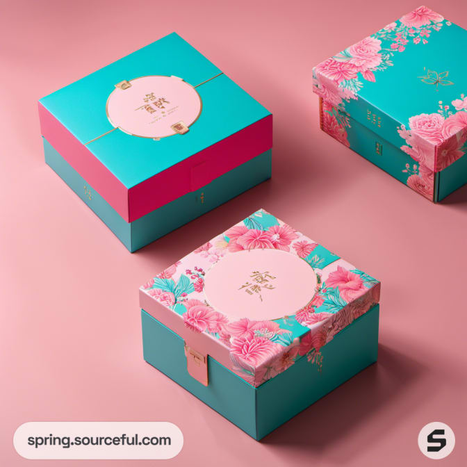 Three teal and pink boxes with floral and text designs on a pink background.