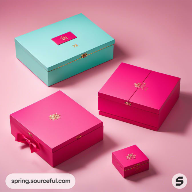 Four pink and teal square and rectangular boxes on a pink surface.