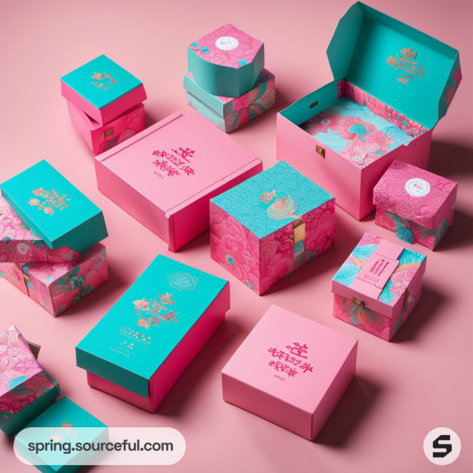 Assorted decorative pink and teal packaging boxes on a pink background.