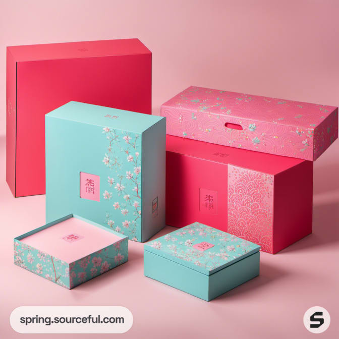 Various large pink and teal boxes with floral patterns on a pink background.