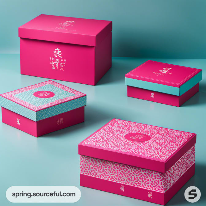 Pink and teal square boxes with intricate patterned lids on a teal background.