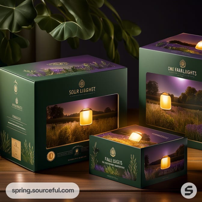 Green and purple solar light boxes with landscape design, featuring warm glowing lights, on a wood surface.