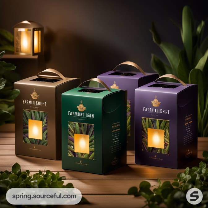 Decorative candle lanterns in green and purple boxes with leaf designs, set on a wooden table with greenery.
