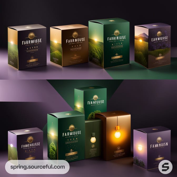 Set of luxury candle boxes with green and purple designs, featuring elegant product imagery and branding.