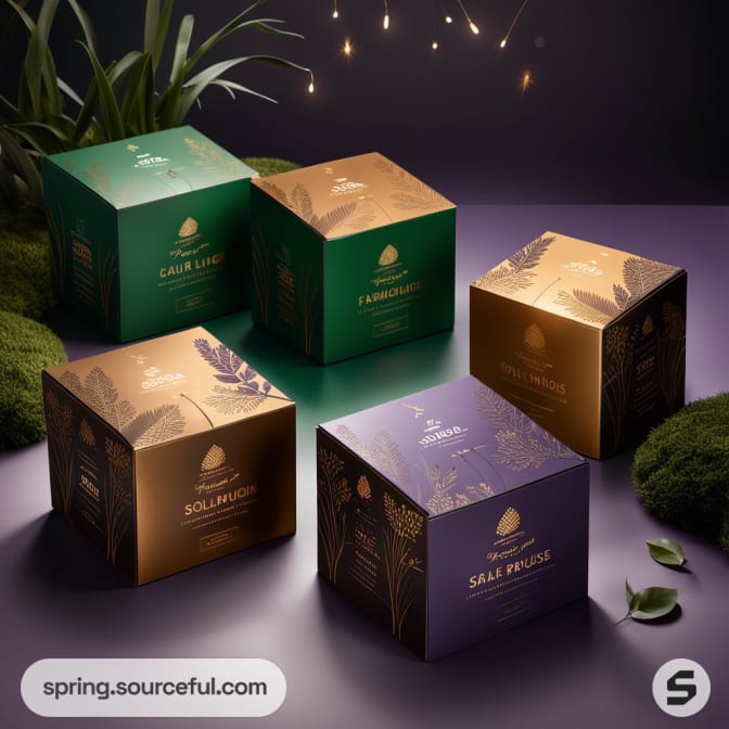 Luxury tea boxes in gold, green, and purple on a dark surface with greenery accents.