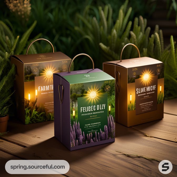 Three candle boxes with nature-inspired designs and glowing sun imagery, surrounded by green foliage.