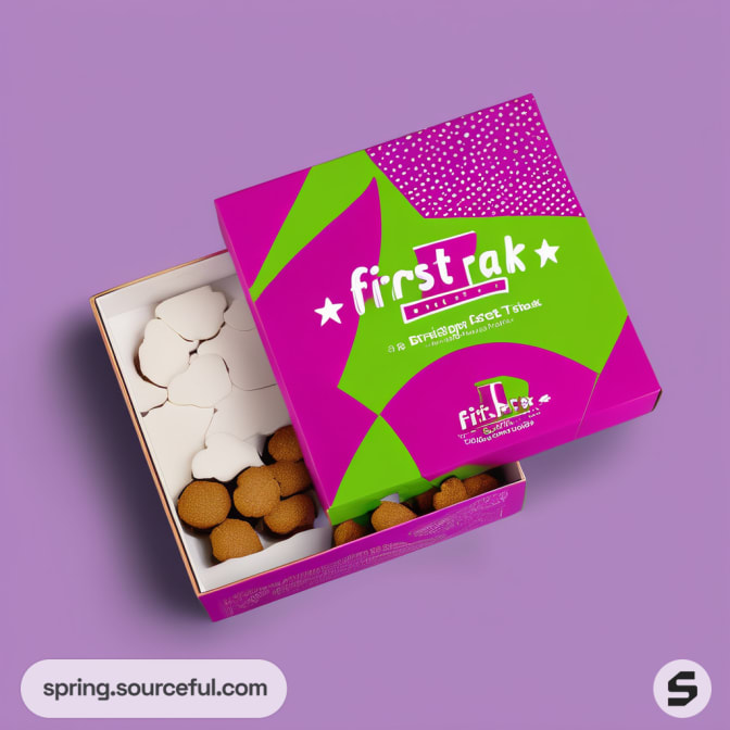 Pink and green pet treat box opened on purple background.