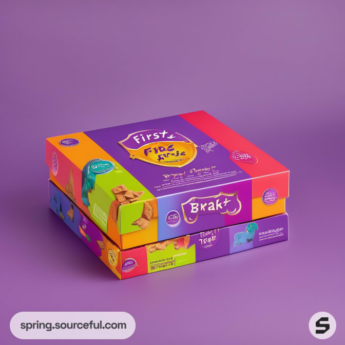 Two colorful stacked pet treat boxes on a purple background.