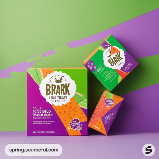Three vibrant pet treat boxes against a green and purple background.
