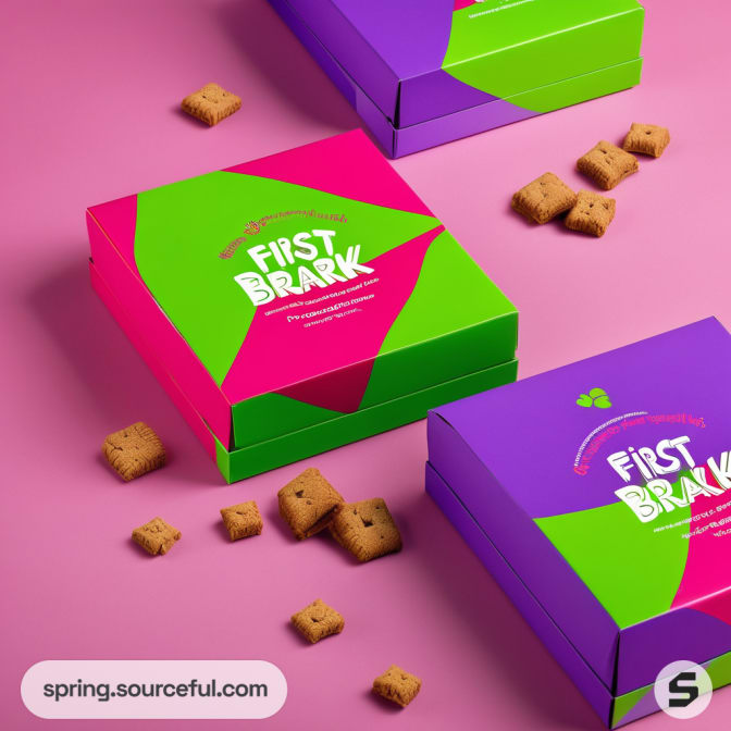Pink and purple pet treat boxes with scattered treats.