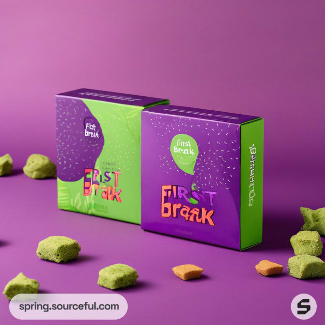 Green and purple pet treat boxes with treats on a purple surface.