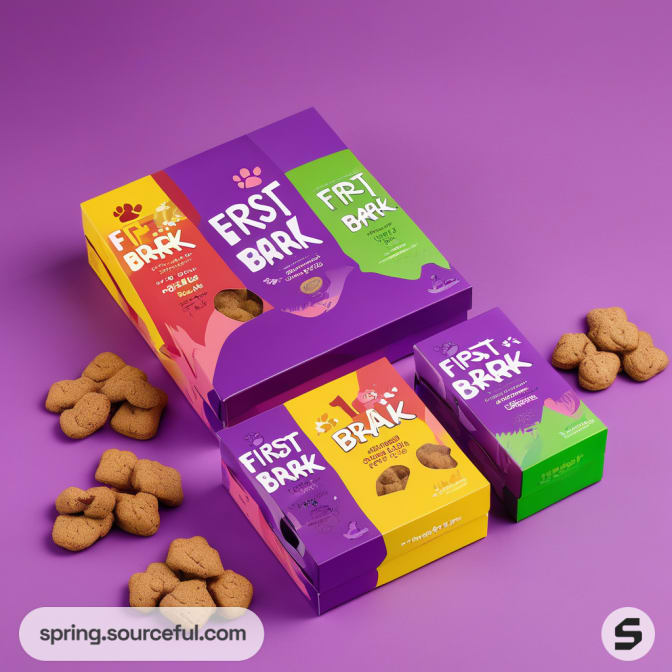 Purple, yellow, green pet treat boxes with scattered dog treats.
