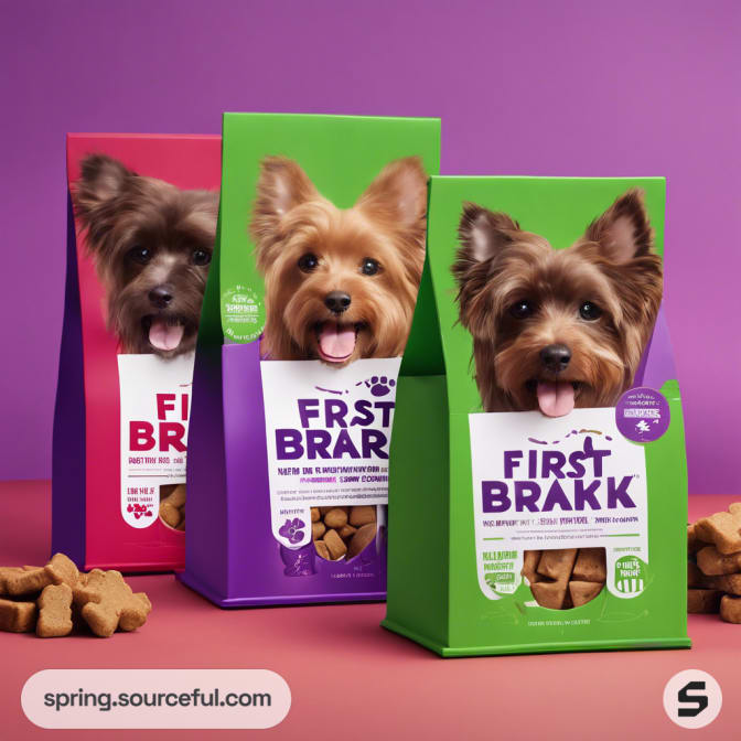 Three pet treat bags with dogs, pink, red, and green colors.