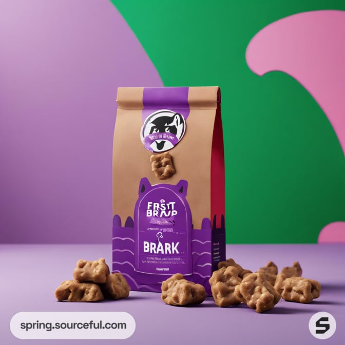 Brown and purple pet treat bag with cartoon dog image.