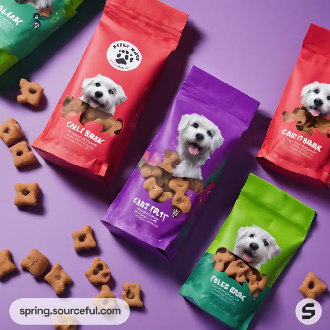 Pet treat bags with dogs on red, purple, and green bags.