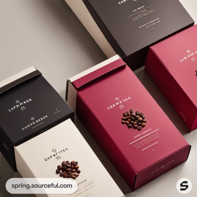 Assorted coffee boxes in black, red, and brown with coffee beans illustrations on a neutral background.
