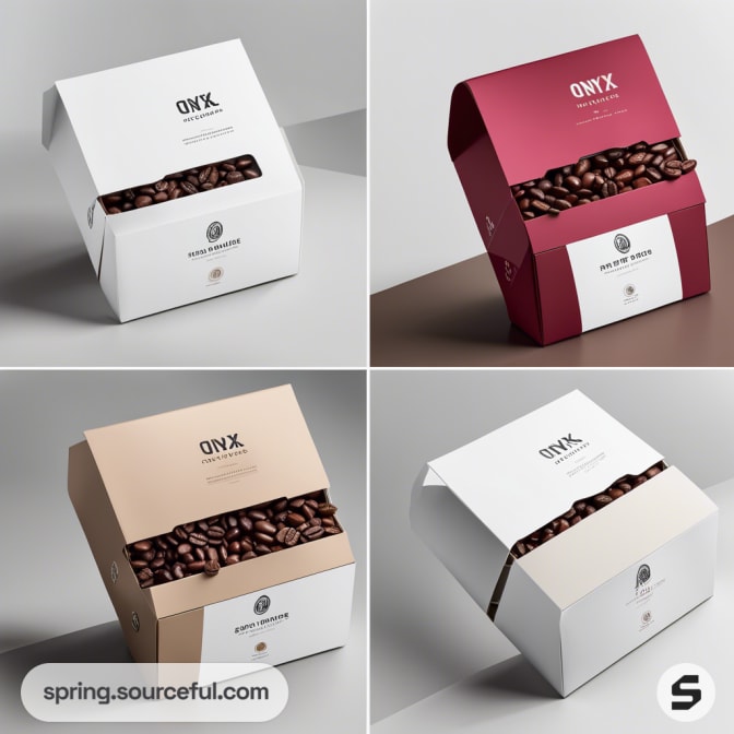 Collage of four Onyx coffee boxes with different lid colors: red, brown, white, and beige, each showing coffee beans.