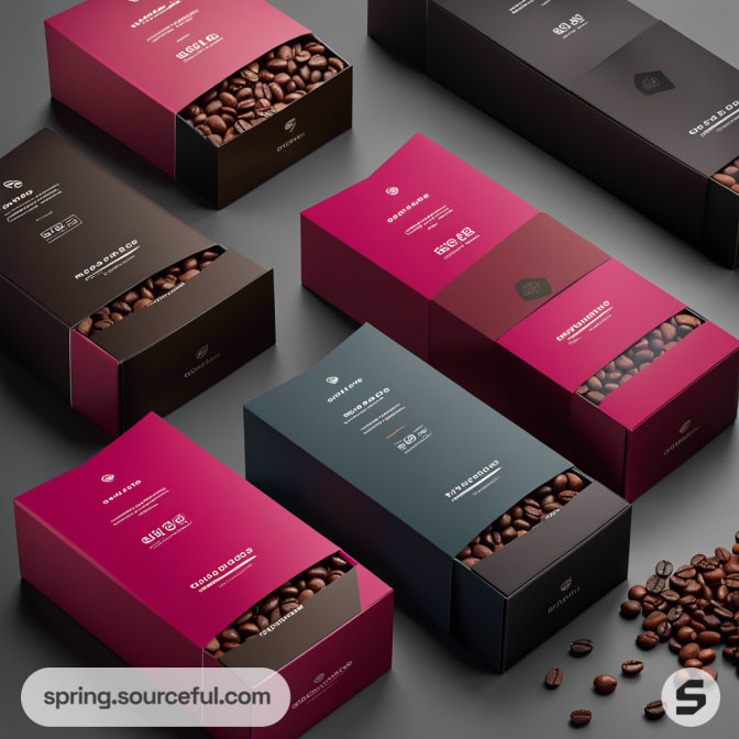 Rectangular coffee packaging boxes in black and pink, with coffee beans scattered around on a gray surface.