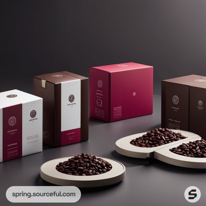 Premium coffee packaging with beans on trays, featuring burgundy, brown, and white mailer boxes on a dark background.