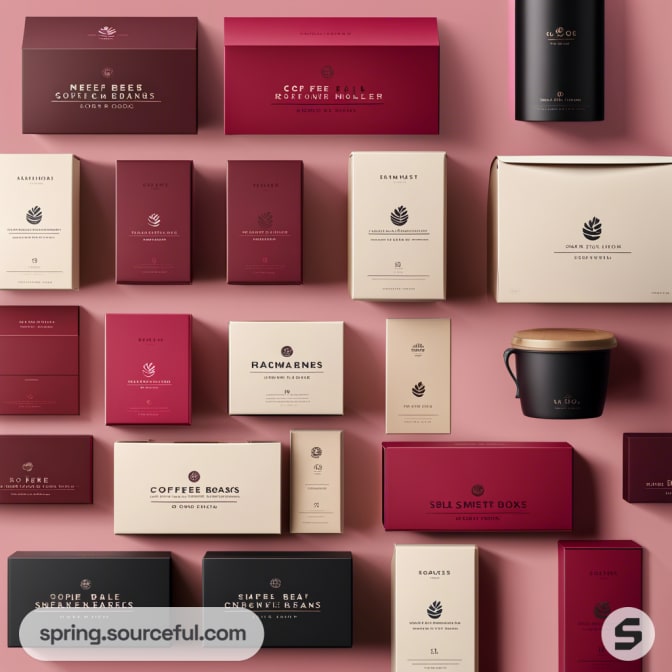 Assorted coffee packaging in red, white, and cream boxes on a pink background.