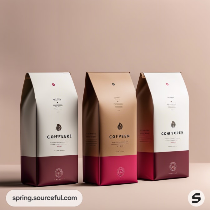 Three coffee bags with minimalist designs in red, brown, and white, placed on a neutral background.