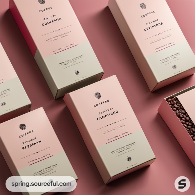 Collection of pastel pink and green coffee cartons on a pink background, showcasing various blends and roasts.