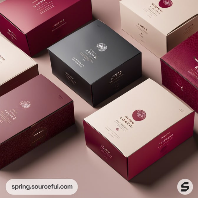 Assorted luxury packaging boxes in red, black, and cream on a beige surface.