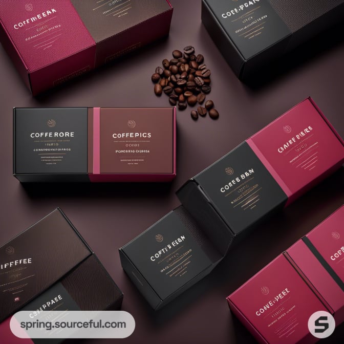 Assorted coffee box packaging in black and burgundy with coffee beans on a surface.