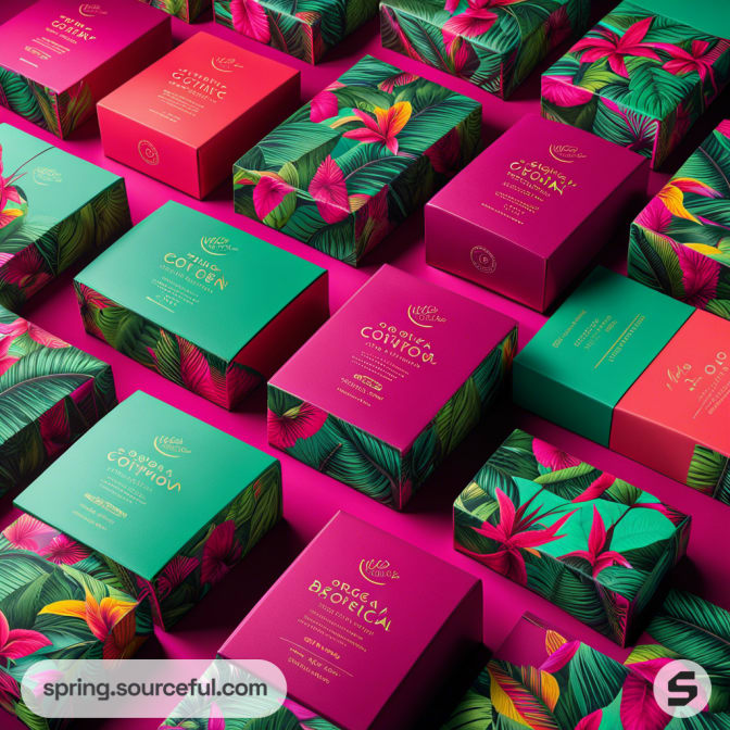 Tropical-themed mailer boxes with vibrant pink and green floral patterns on a fuchsia background.