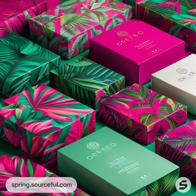 Assorted colorful boxes with vibrant tropical leaf patterns and solid colors, arranged in a grid pattern.