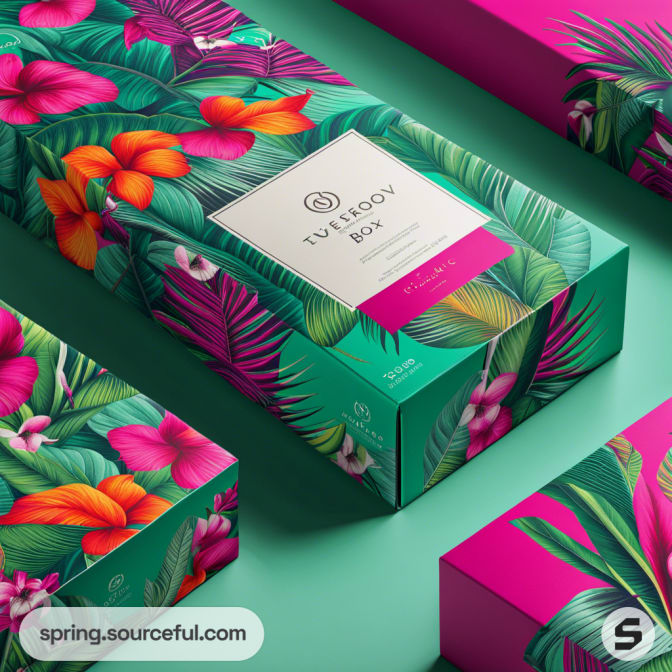 Vibrant floral packaging design with tropical flowers on a rectangular box against a teal background.