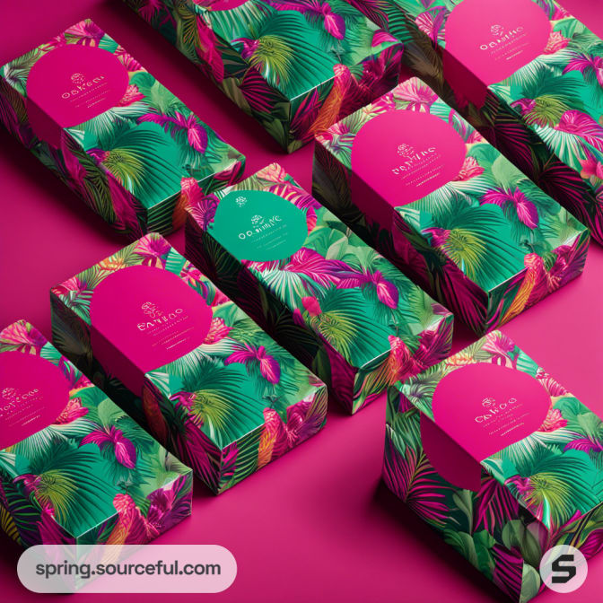 Colorful tropical-themed packaging on a vibrant pink background.