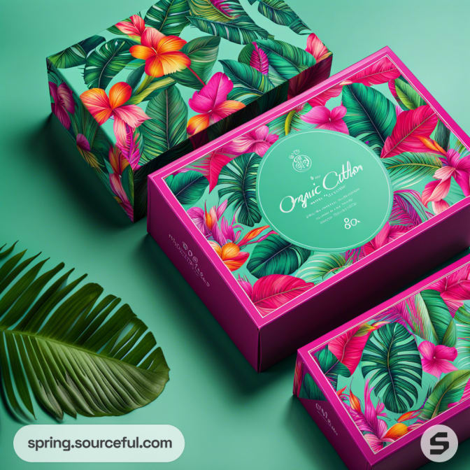 Floral cardboard boxes with tropical leaf and flower designs, featuring a round green label, beside a leafy background.