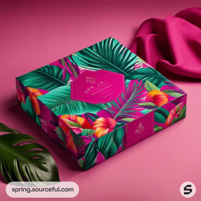 Vibrant tropical themed gift box with colorful leaves and flowers on a pink background.