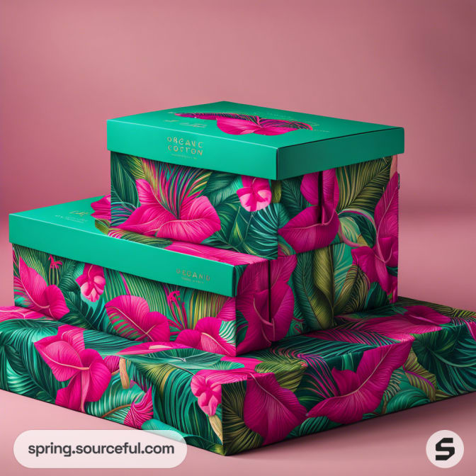 Stacked floral-patterned gift boxes with pink and green tropical design on a pink background.
